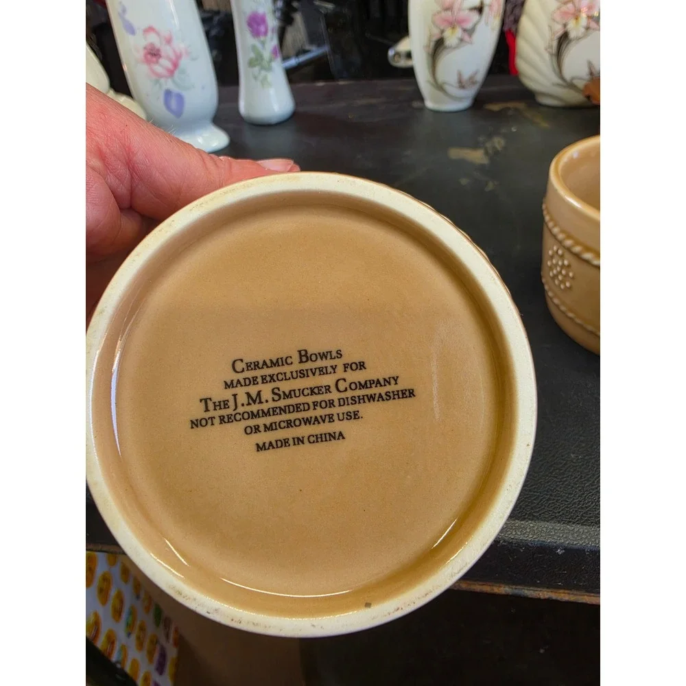 JM Smucker Co Tan Ceramic Bowls Set of 2 Embossed Rope Dot Crocks Vtg Style